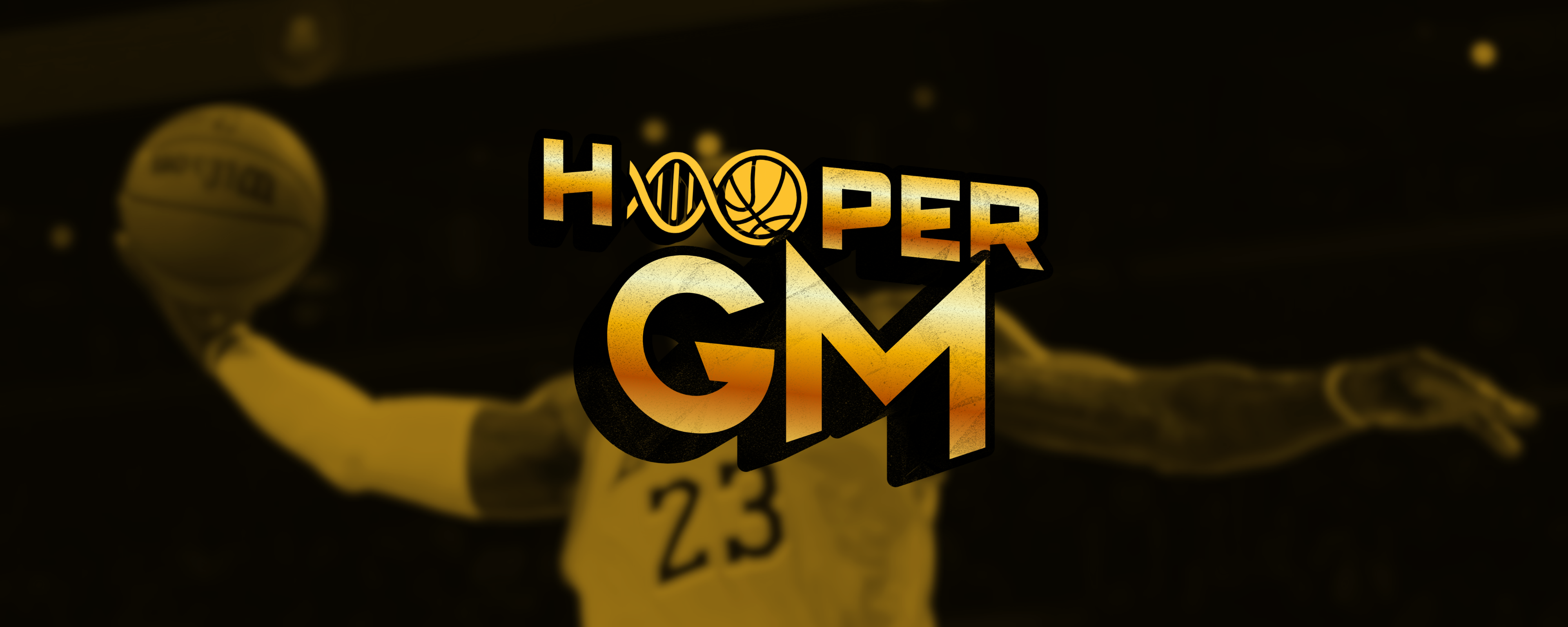 HooperGM banner featuring a 3D gold logo with DNA and basketball icons over a basketball action shot